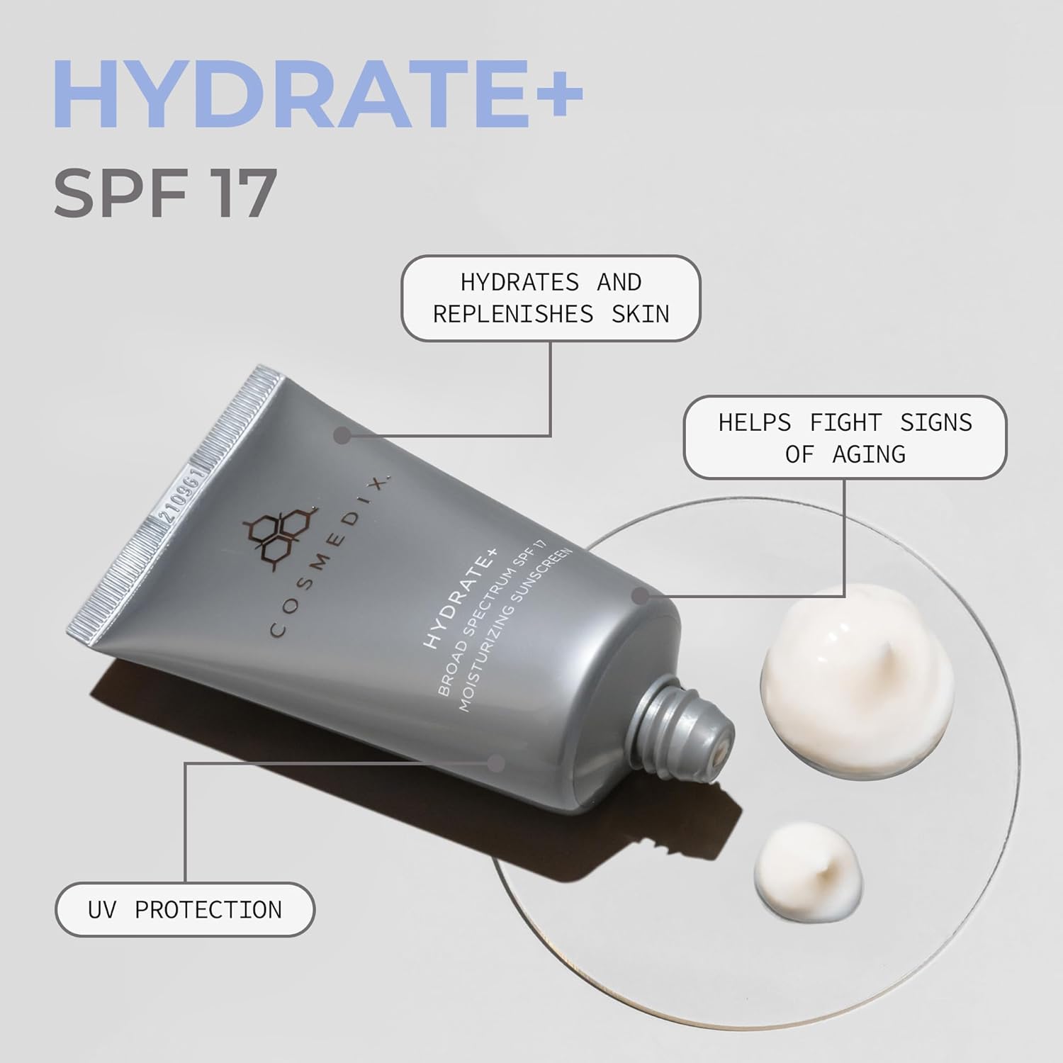 COSMEDIX Hydrate Plus Sunscreen with Broad Spectrum SPF 17 - Moisturizing Face & Body Sun Screen for Travel & Daily Skin Care - Sunblock for Skin Elasticity, Dewy & Radiant Glow, No White Cast