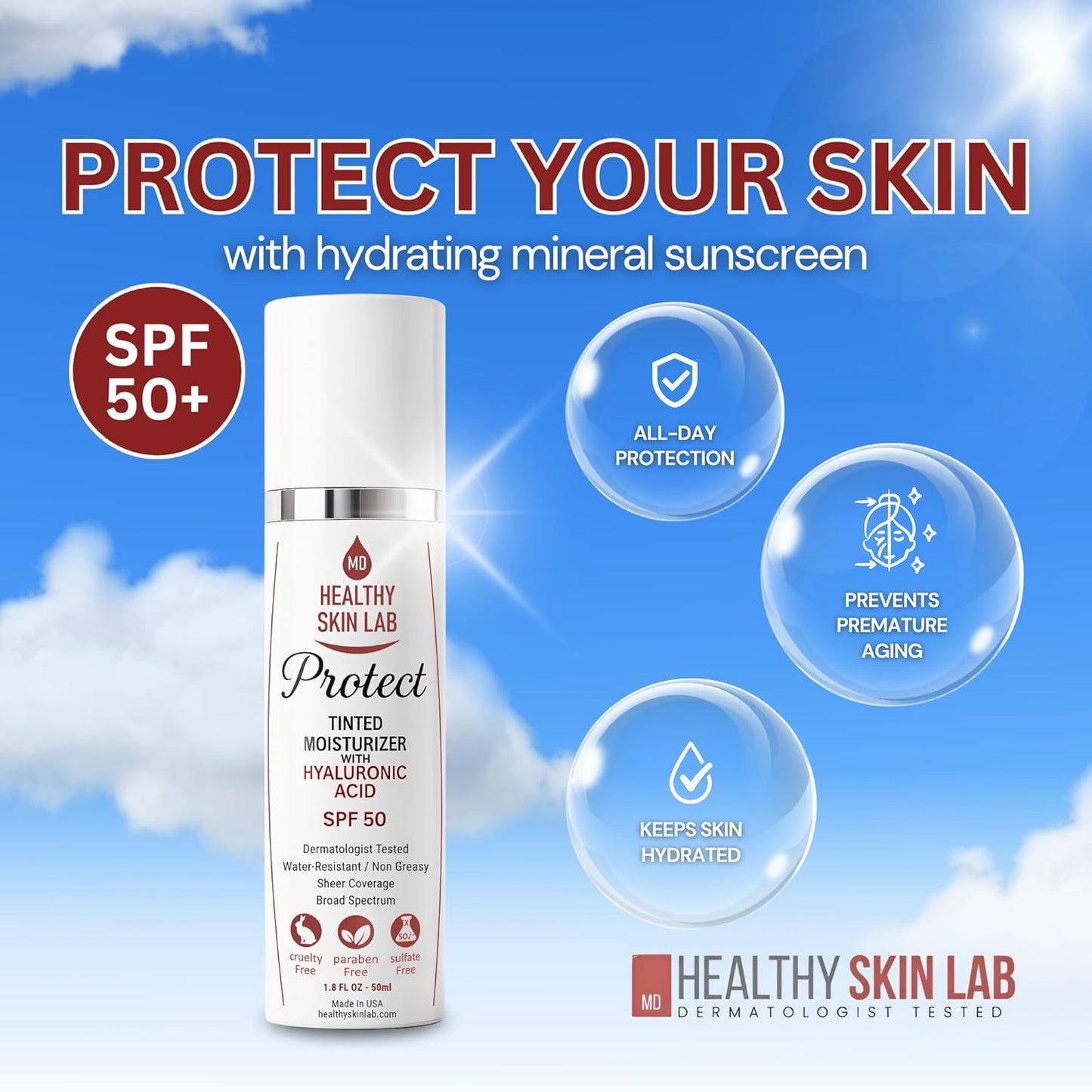 Healthy Skin Lab Protect Tinted Moisturizer & Mineral Sunscreen SPF 50, Anti-Aging, Lightweight Makeup With Broad Spectrum UV Protection + Hyaluronic Acid, Dermatologist-Tested, All Skin Types, 1.8 oz